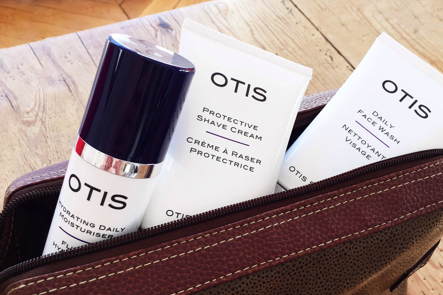 Otis Skincare - Three prestige men's skincare products in leather wash bag - daily face wash, protective shave cream and hydrating daily moisturizer