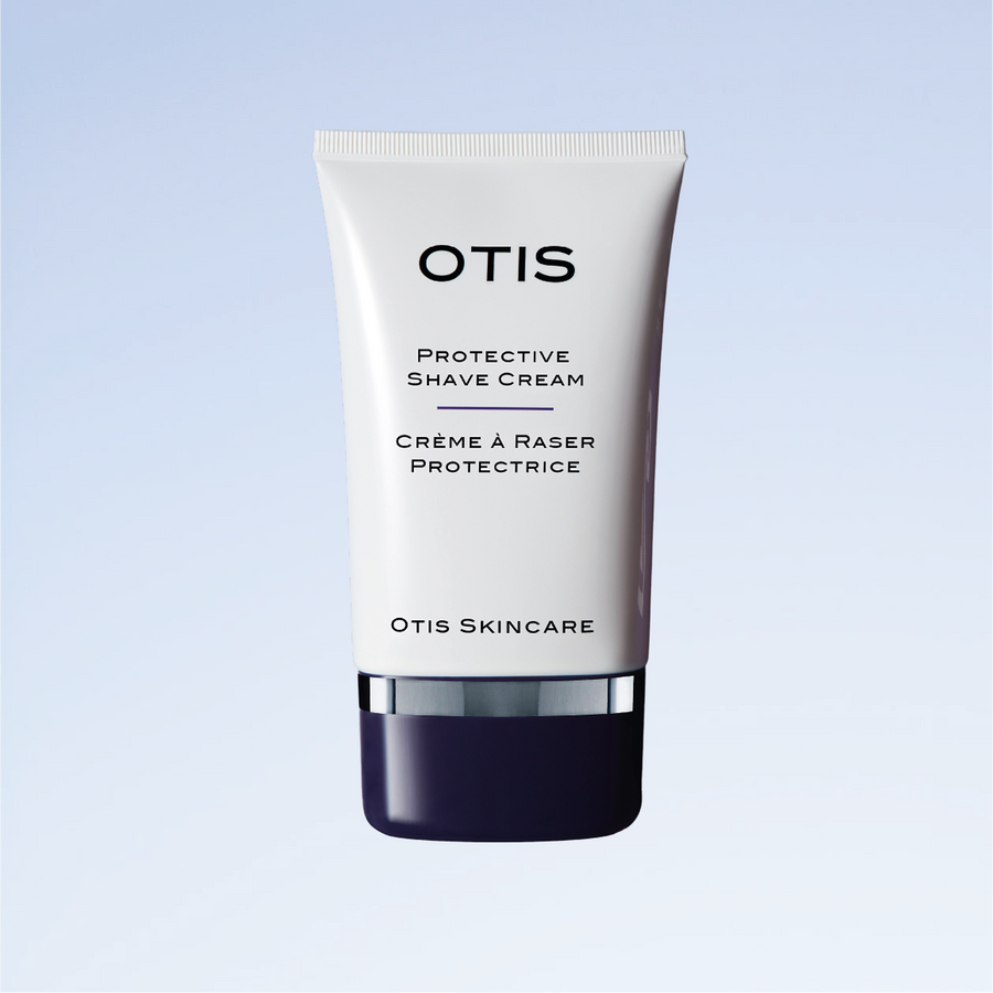 Tube of OTIS Protective Shave Cream on pale blue background